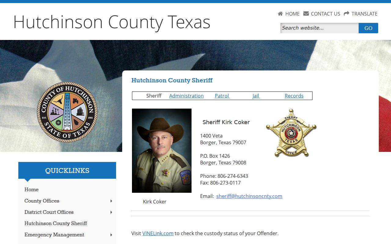 Hutchinson County arrest lookup Sheriff and jail contact page