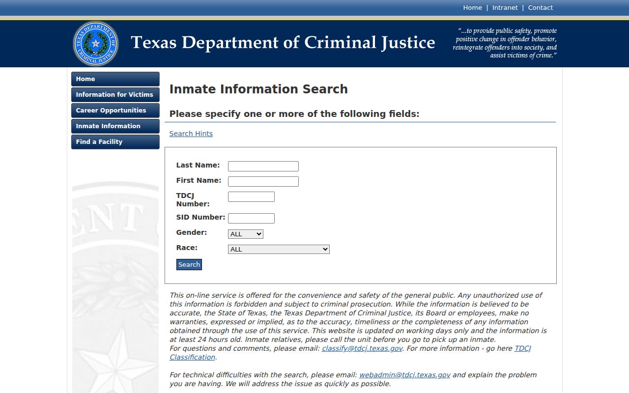 Hutchinson County arrest lookup Texas inmate search interface
