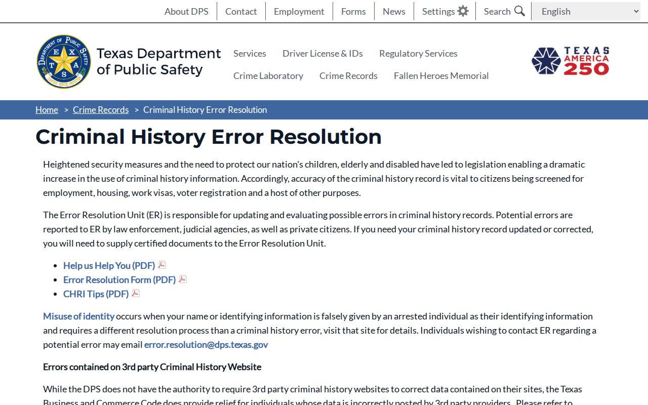 Hutchinson County criminal history error resolution process