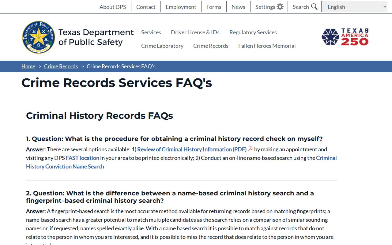 Hutchinson County criminal history DPS record services information