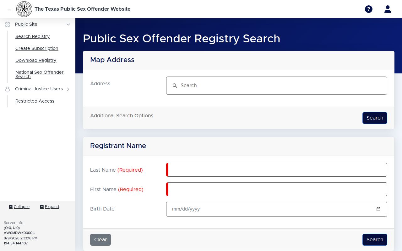 Hutchinson County sex offender registry search screen