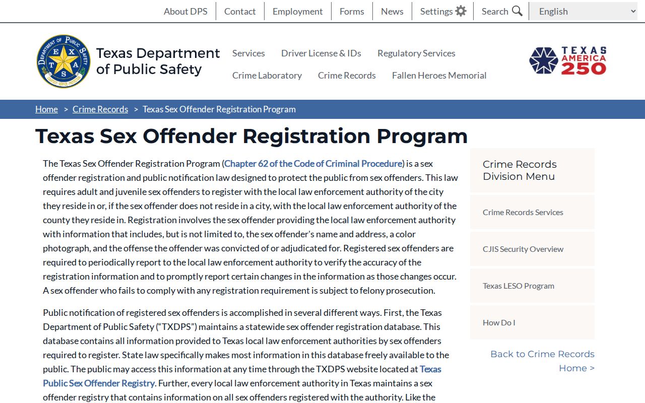 Hutchinson County sex offender registration program information